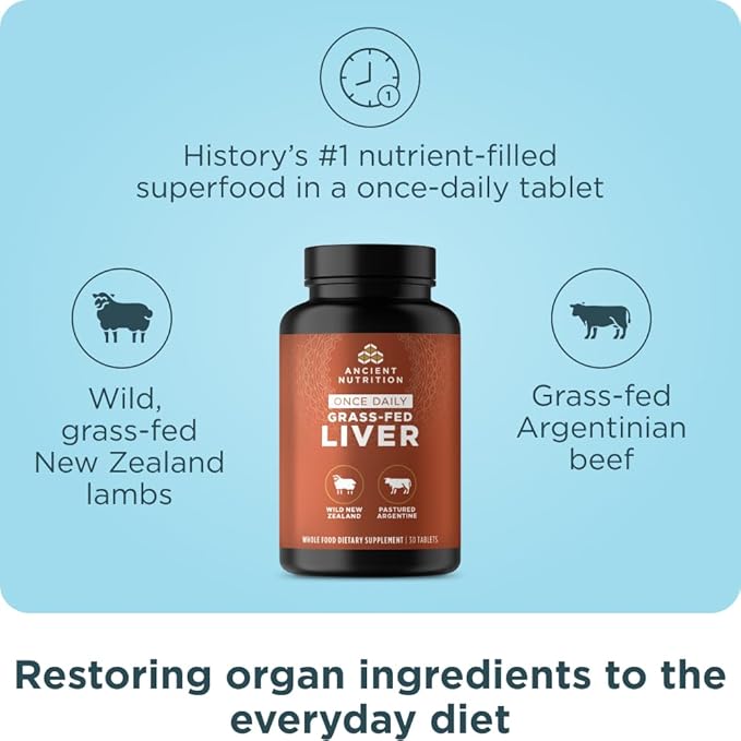 Ancient Nutrition Organ Supplements, Once Daily Grass-Fed and Wild Organ Complex Capsules, Beef & Lamb Liver, Supports Healthy Blood, Gut, and Liver, 30 Ct