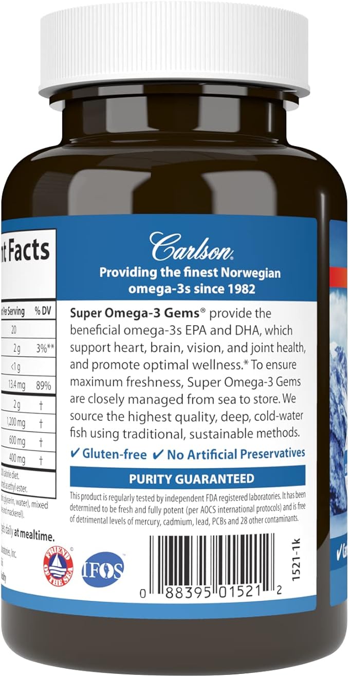 Carlson Super Omega-3 Gems, Norwegian, 1,200 mg Omega-3s, 100 Soft Gels