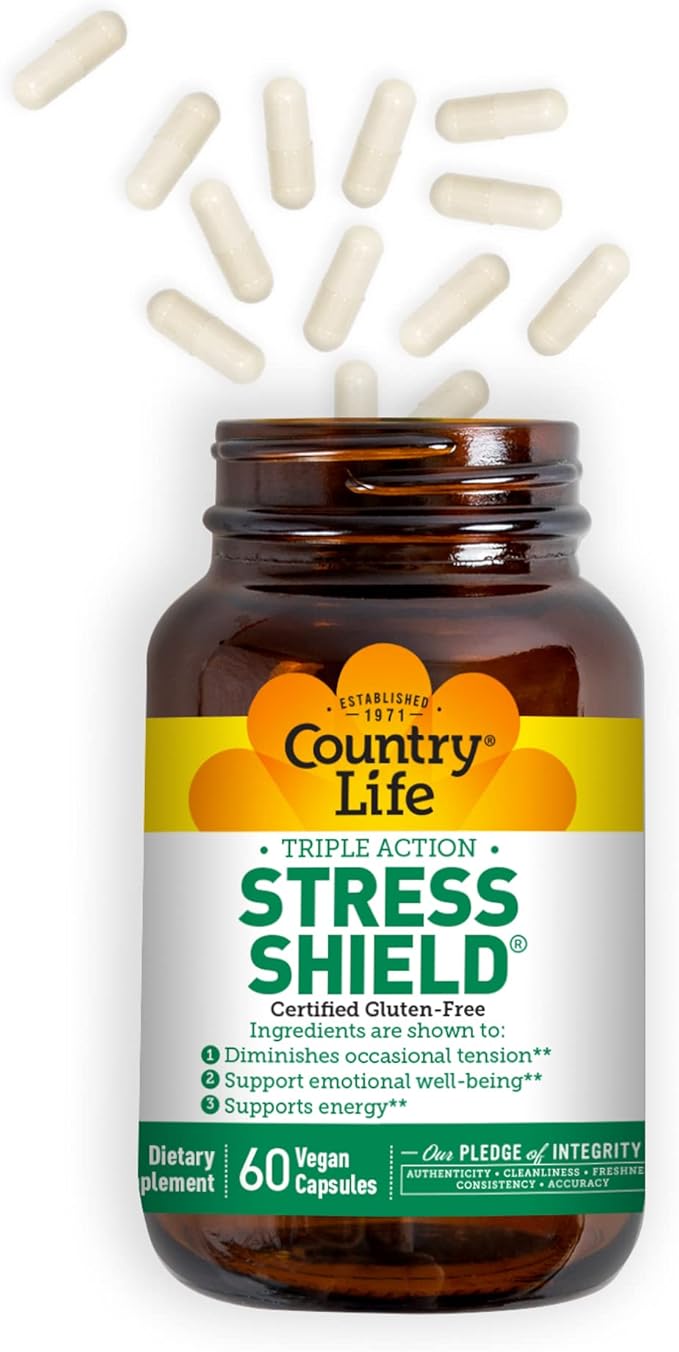 Country Life Stress Shield – Stress & Tension Relief Supplement with Ashwagandha, B-Vitamins for Energy & Emotional Well-Being, Supports Mental Clarity & Resilience, Gluten-Free, Vegan, 60 Capsules