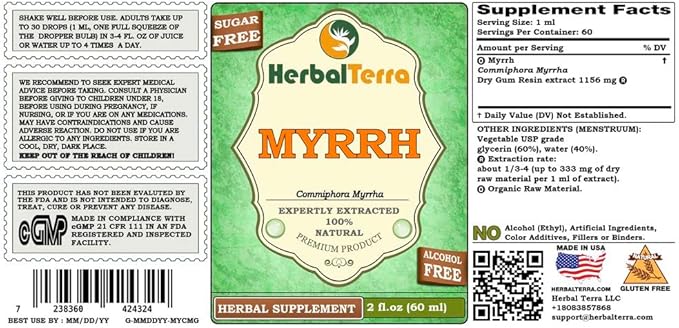 Myrrh (Commiphora Myrrha) Glycerite, Organic Dried Gum Resin Alcohol-Free Liquid Extract 2 oz