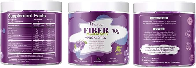 10G Fiber Gummies with 30 Billion CFU Probiotics, Grape Flavor, Bloating Support, Fiber Supplement with Vitamin C, ACV, Inulin, Sugar Free, 180 Count