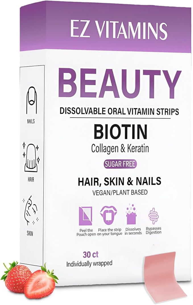 Oral Strips for Hair Growth, Glowing Skin & Strong Nails – Fast-Acting Biotin, Vitamin E, Collagen & Folate Supplement For Men & Women – 2X Faster Results, Strawberry Flavor, 30 Strips | Sugar Free