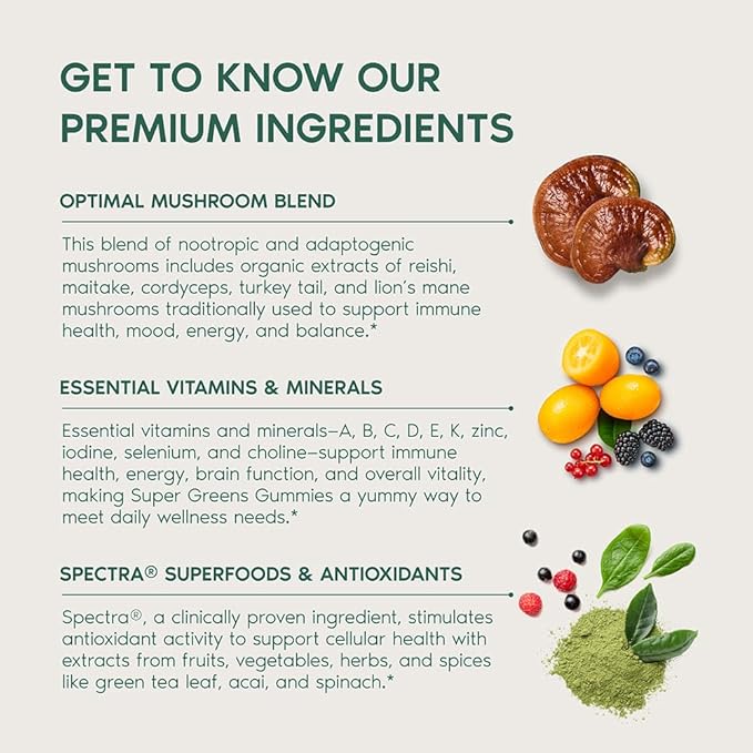 Primal Harvest Super Greens Gummies, Superfood Blend with Adaptogenic Mushrooms Vitamins & Nutrient-Rich Minerals & Antioxidants for Energy & Immune Support (1 Pack (60 Count), Berry)