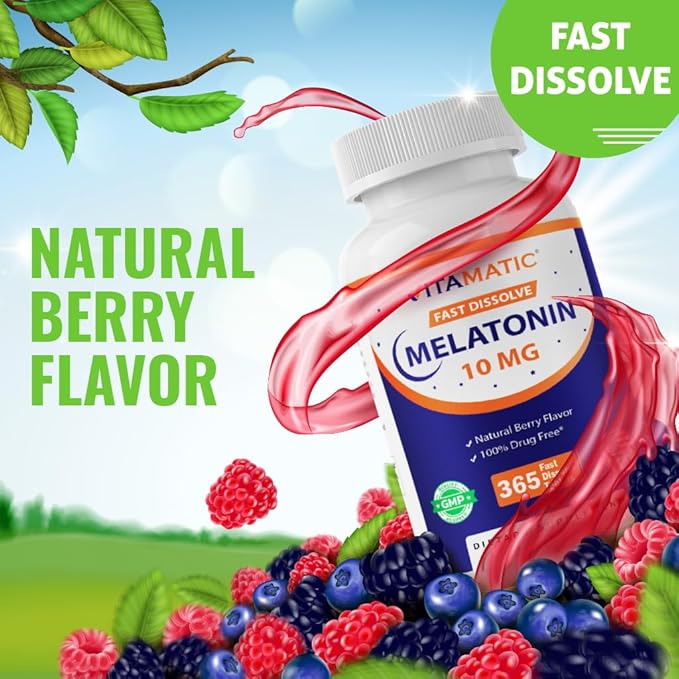 Vitamatic Melatonin 10 mg Tablets | Vegetarian, Non-GMO, Gluten-Free | 1-Year Supply | Natural Berry Flavor - 365 Tablets