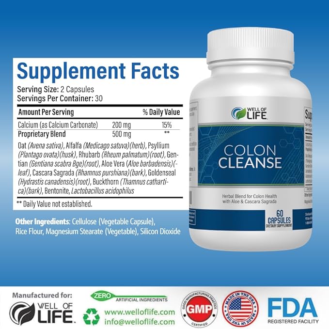 Well of Life: Colon Cleanse: Aloe Vera, Cascara Sagrada, Rhubarb Root, Bentonite. Helps in Digestion, Helps Relieves Constipation. 700mg | 60 Vegetarian Capsules. Vegan, Non-GMO. USA-Made.