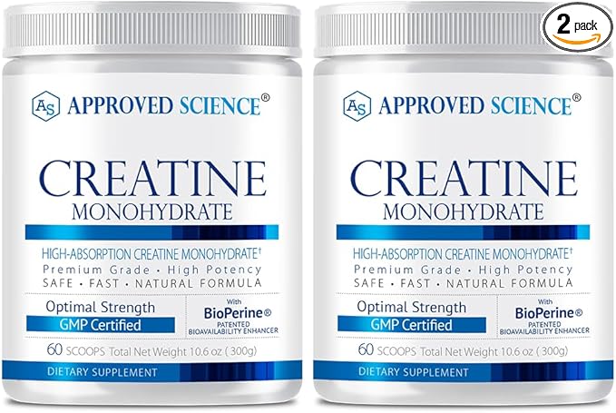 Approved Science Creatine Monohydrate Powder with BioPerine - Workout Support - 120 Servings - 5g Per Serving - Unflavored - Pack of 2 - Non-GMO, Vegan