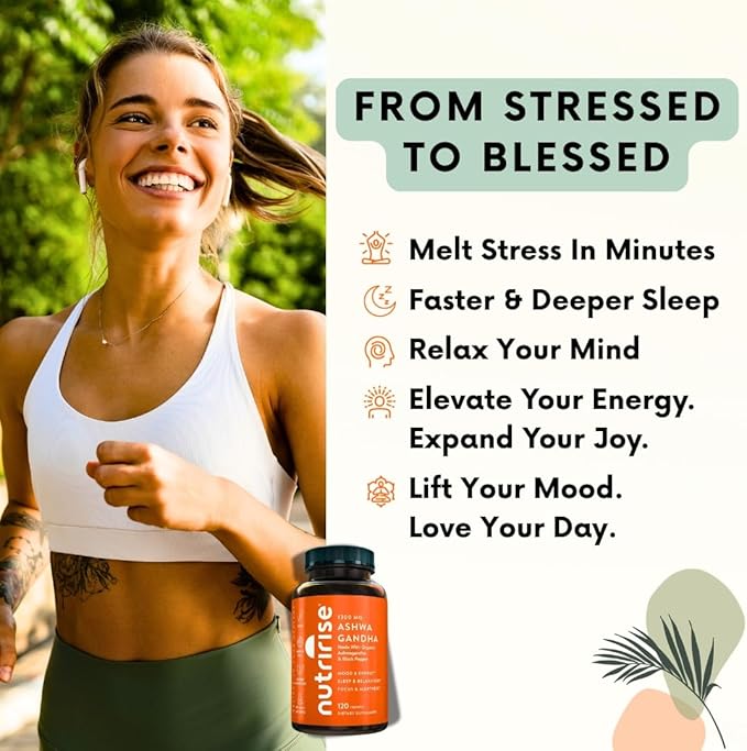 NutriRise Organic Ashwagandha Root Capsules with Black Pepper, 1300mg, Natural Stress & Mood, Thyroid, and Immune Support Supplement, Clarity, Focus & Energy, Gluten Free, 120 Count
