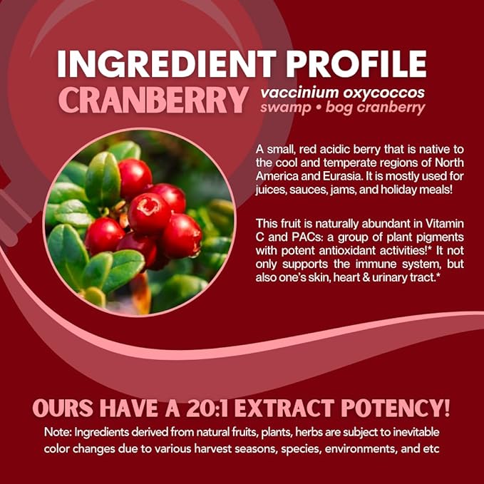 Cranberry Extract Pills Supplement 25% Proanthocyanidins with Vitamin C - Urinary Tract, Skin, Immune Support - 180 Veggie Capsules - Non-GMO, Gluten-Free, Vegan Friendly