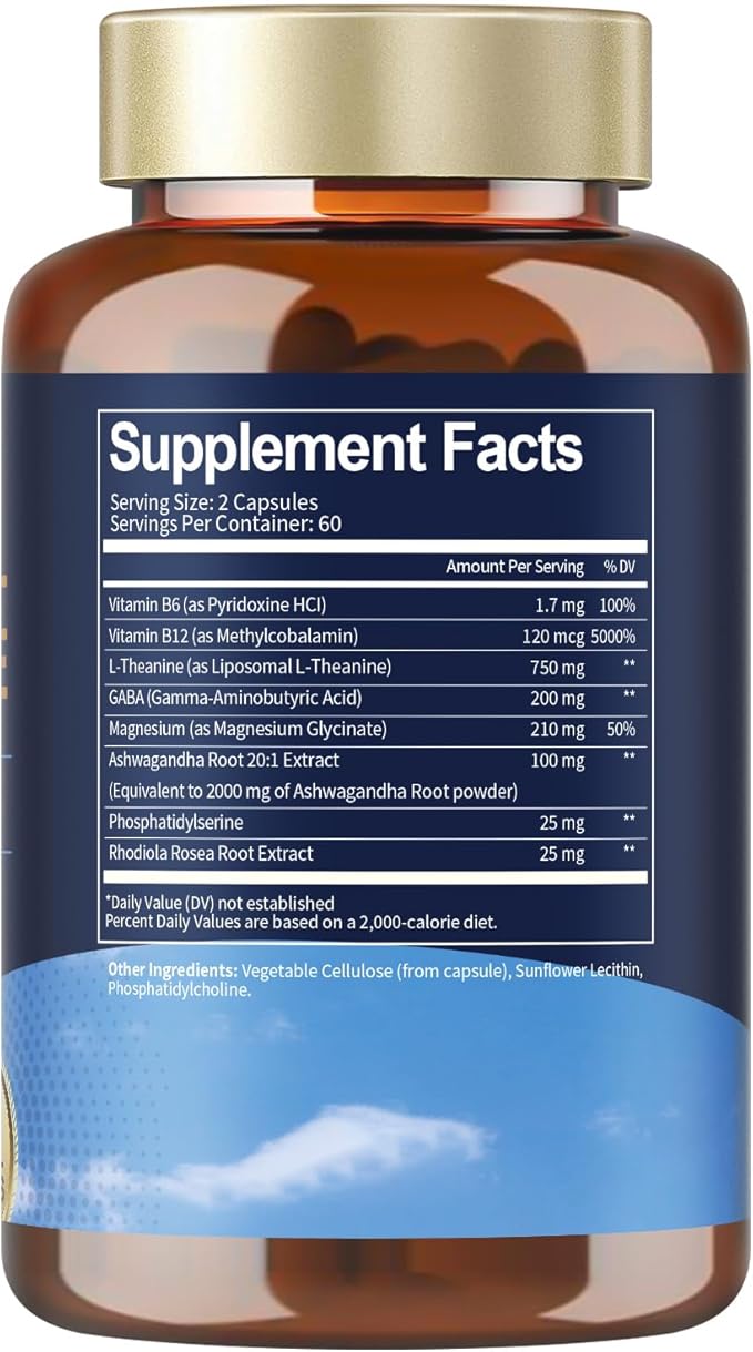 Liposomal L-Theanine Supplement 750mg with GABA,Ashwagandha,Magnesium Glycinate,Rhodiola Rosea,Phosphatidylserine Complex Supplements for Men and Women Mood |Focus | Sleep Support 120 Capsules