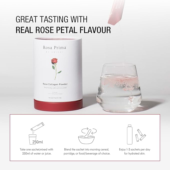 Unichi Rose Collagen Peptides Powder, Hydrolysed Marine Collagen Type I, III with Vitamins A, C, E in Rose Petal Powder for Hair, Nails and Skin Health, 0 Sugar, 0 Fat, Rose Petal Flavour, 30 Servings