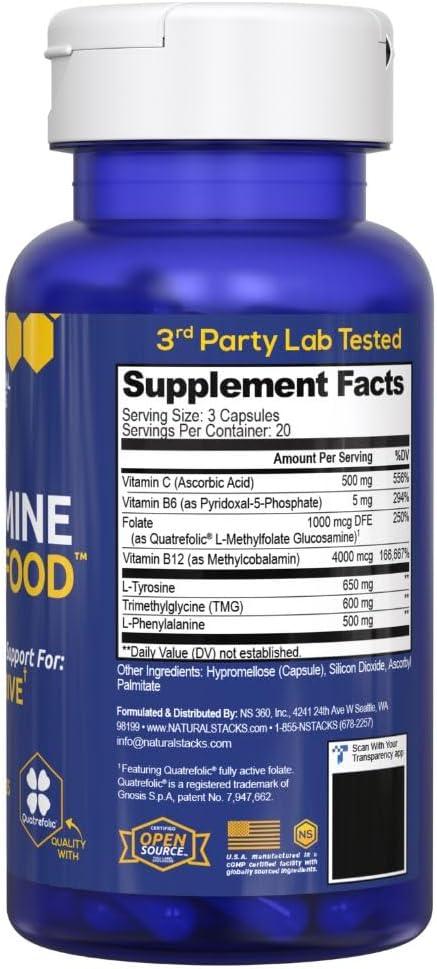 NATURAL STACKS Dopamine Brain Food - 650mg L-Tyrosine Supplement - Dopamine Supplement for Focus & Mental Drive - Supports Mental Energy - Neurotransmitter Support with B Vitamins - 60 Capsules