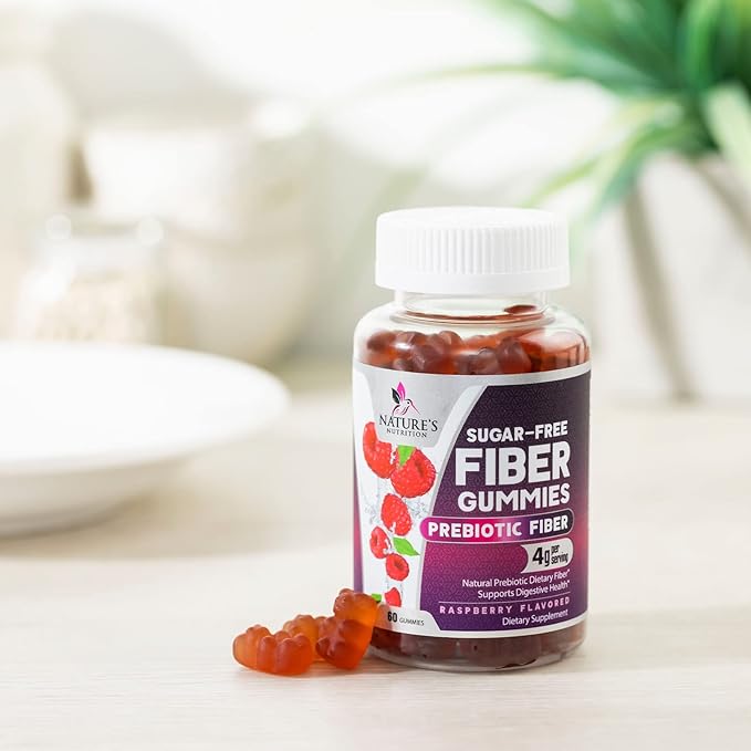 Fiber Supplement Gummies - Sugar-Free Daily Gummy for Adults Digestive Health & Regularity Support - 4g Prebiotic Plant Based Fiber Supplements Blend for Women & Men - Raspberry Flavor - 60 Gummies