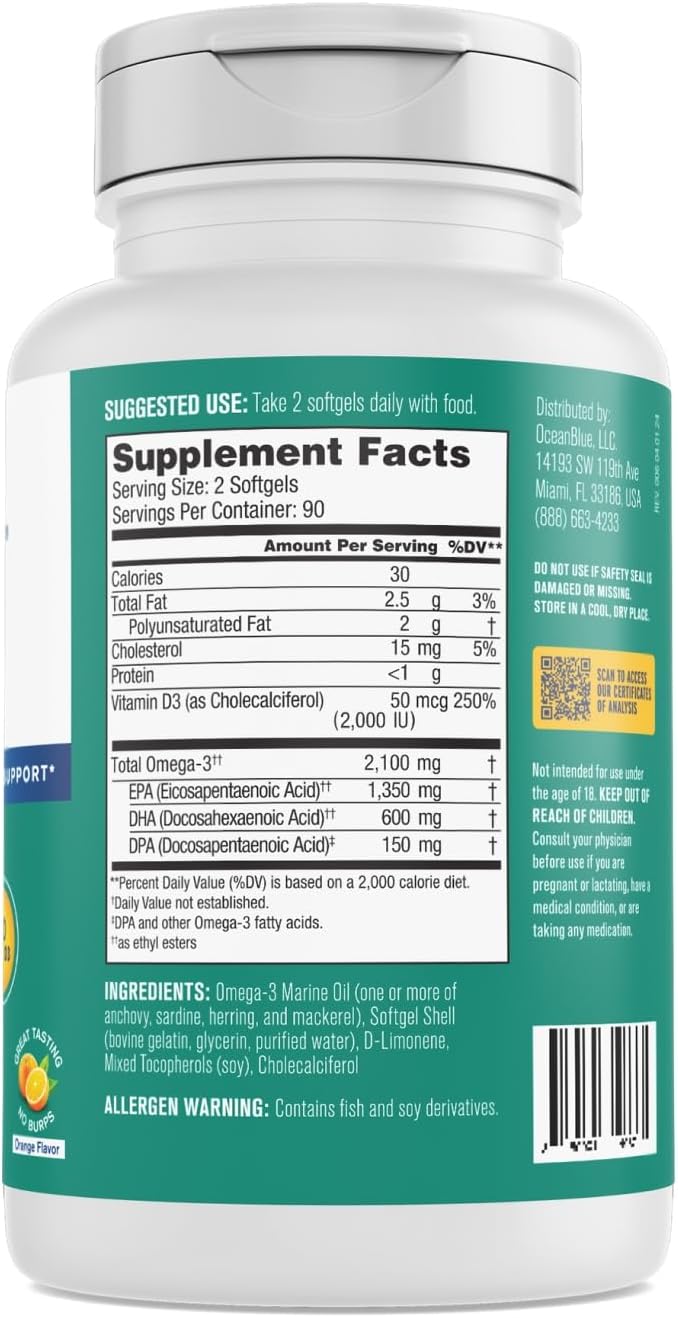 Oceanblue Professional Omega-3 2100 with Vitamin D3 – 180 ct – Triple Strength Burpless Fish Oil Supplement with High-Potency EPA, DHA, DPA – Wild-Caught – Orange Flavor (90 Servings)
