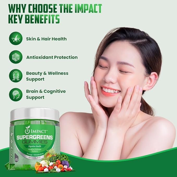 IMPACT Supergreens Veggies Gummies - Vegetarian Fiber Gummies for Adults & Kids - Daily Green Superfoods with Essential Vitamins & Support Immunity & Gut Health - 4g of Fiber per Two Gummy (60 Count)