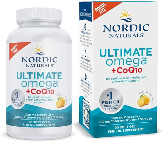 Nordic Naturals Ultimate Omega + CoQ10, Lemon - 90 Soft Gels - 1280 mg Omega-3 + 100 mg CoQ10 - Heart Health, Cellular Energy, Antioxidant Support - Non-GMO - 45 Servings