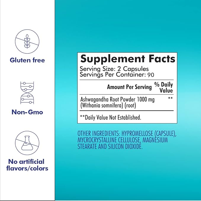 Santo Remedio Ashwagandha, Stress Support, Dietary Supplement, 1000 mg Per Serving, 180 Capsules, No Artificial Flavors, No Artificial Colors, Sugar & Sodium Free, Vegetarian