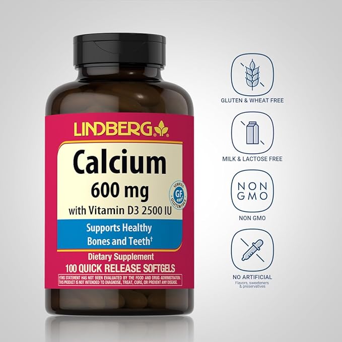 Lindberg Calcium Supplement | 600 mg | 100 Softgels | with Vitamin D3 2500 IU | for Women & Men | Quick Release Pills | Non-GMO, Gluten Free