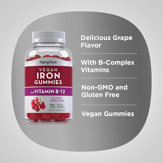 Piping Rock Iron Gummies Supplement | 70 Count | for Women and Men | with Vitamin B12 | Grape Flavor | Vegan, Non-GMO, Gluten Free