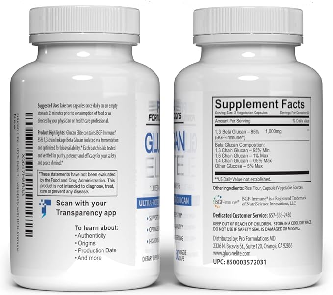 Glucan Elite – 85% Beta 1,3D Glucan 500mg - 60 vcaps | 85% Minimum Active 1,3 Linkage Ultra-Potency Beta Glucan – Highest Bioavailability with BGF-Immune (Pack of 3)