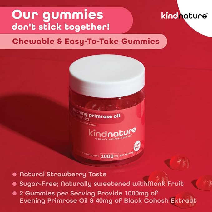 Kind Nature Evening Primrose Oil Gummies for Women – 1000mg with Black Cohosh Extract – Hormonal Balance, PMS & Menopause Support – Vegan, Sugar-Free, Non-GMO