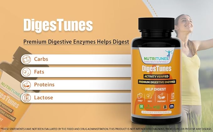 DigesTunes – Premium Digestive Enzymes to easily digest Carbs, Fats, Proteins & Lactose - Supports after-meal Bloating & Discomfort Relief – Food Grade Multi Enzyme Vegan Supplement, 60-Day Supply