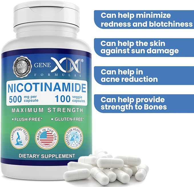 Genex Formulas - Nicotinamide 500mg Vitamin B3 Flush Free Niacin Capsules for Healthy Skin - Niacinamide Supplement Pills Help Produce Keratin & Support Skin Cell Health & Energy - (100 Capsules)