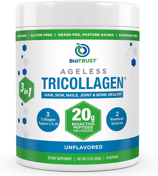 BioTrust Tri Collagen Powder - 3-in-1 Hydrolyzed Collagen Peptides Powder (Types I, II, & III) - Grass Fed Collagen Protein Powder for Anti Aging, Skin, Hair, Bone & Joint Health - Unflavored, 7 Oz.
