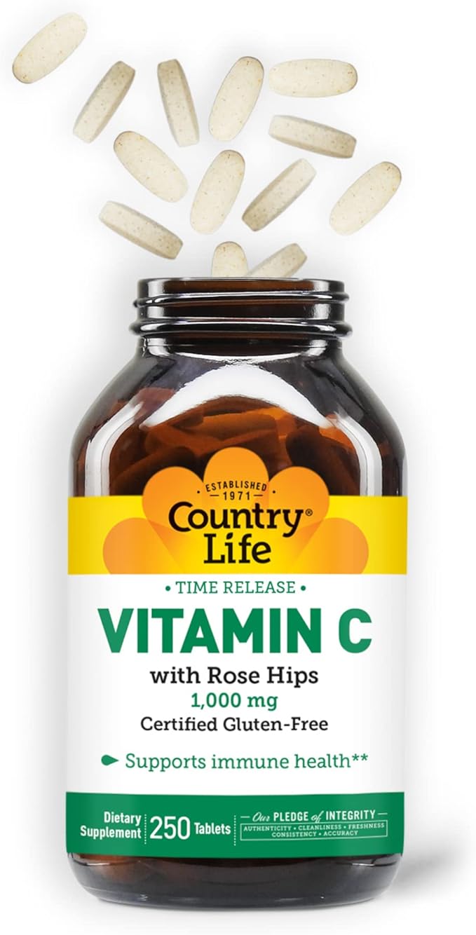Country Life Time Release Vitamin C with Rose Hips, Supports Immune Health, 1,000mg, 250 Tablets, Certified Gluten Free, Certified Vegan