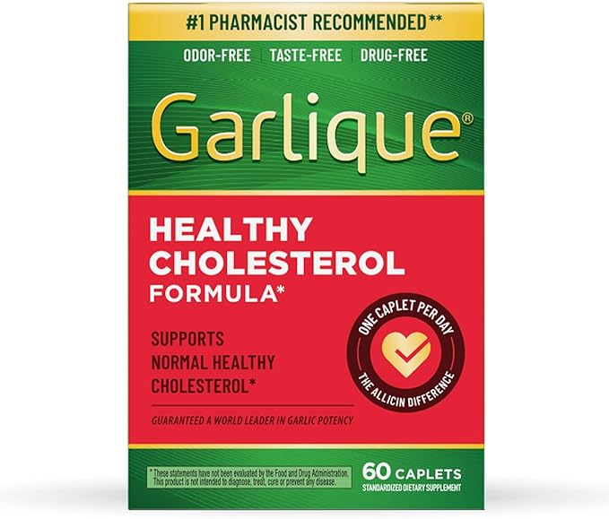 Garlique Garlic Extract Supplement, Healthy Cholesterol Formula, Odorless & Vegan-Friendly, 60 Caplets