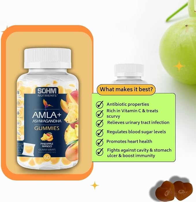 SOHM Amla and Ashwagandha Gummies, Individually Wrapped, Supports Healthy Immune Health, Reduce Infections -Ashwagandha Gummies for Women and Men Vegetarian(Pineapple,Mango)