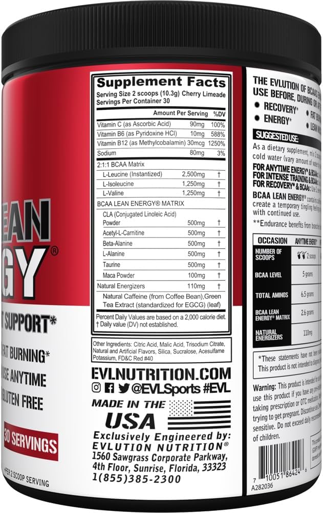 EVL BCAA Lean Energy Powder - Pre Workout Green Tea Fat Burner Support with BCAAs Amino Acids and Clean Energizers - Post Workout Recovery Drink for Lean Muscle Recovery - Cherry Limeade