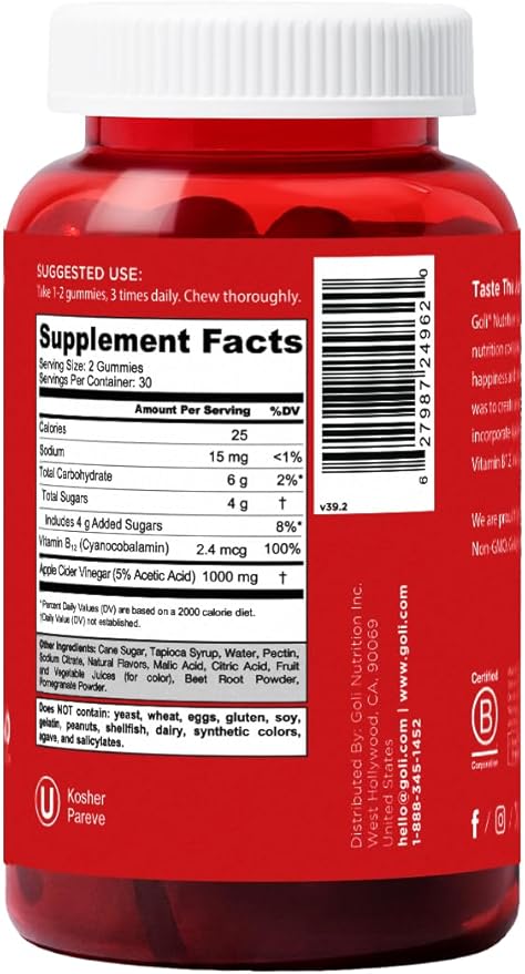 Goli Apple Cider Vinegar Gummy Vitamins - 300 Count - Vitamin B12, Gelatin-Free, Gluten-Free, Vegan & Non-GMO