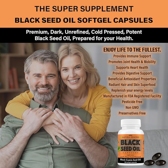 Pure Black Seed Oil Capsules 1000mg per serving - 120 Capsules - Cold Pressed and Non GMO