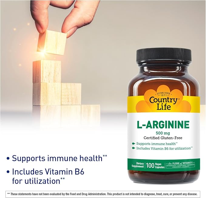 Country Life L-Arginine Caps with Vitamin B-6, 500mg, 100 Vegan Capsules, Certified Gluten Free, Certified Vegan