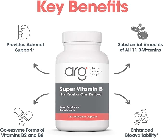 Allergy Research Group Super Vitamin B Complex - Vitamin B for Men & Women, Vitamin B Supplement, Vitamin B12, Vitamin B6, Vegetarian Capsules, Corn-Free, Yeast-Free - 120 Count