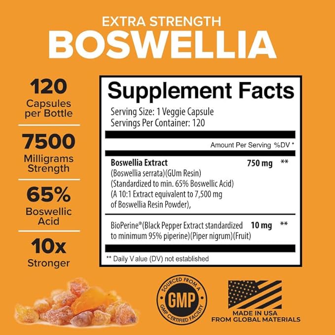 Boswellia Serrata 10:1 Extract – 7500mg Strength Equivalent | Joint Support, Mobility & Flexibility | High Potency with 65% Boswellic Acids | Vegan, Non-GMO, 120 Capsules