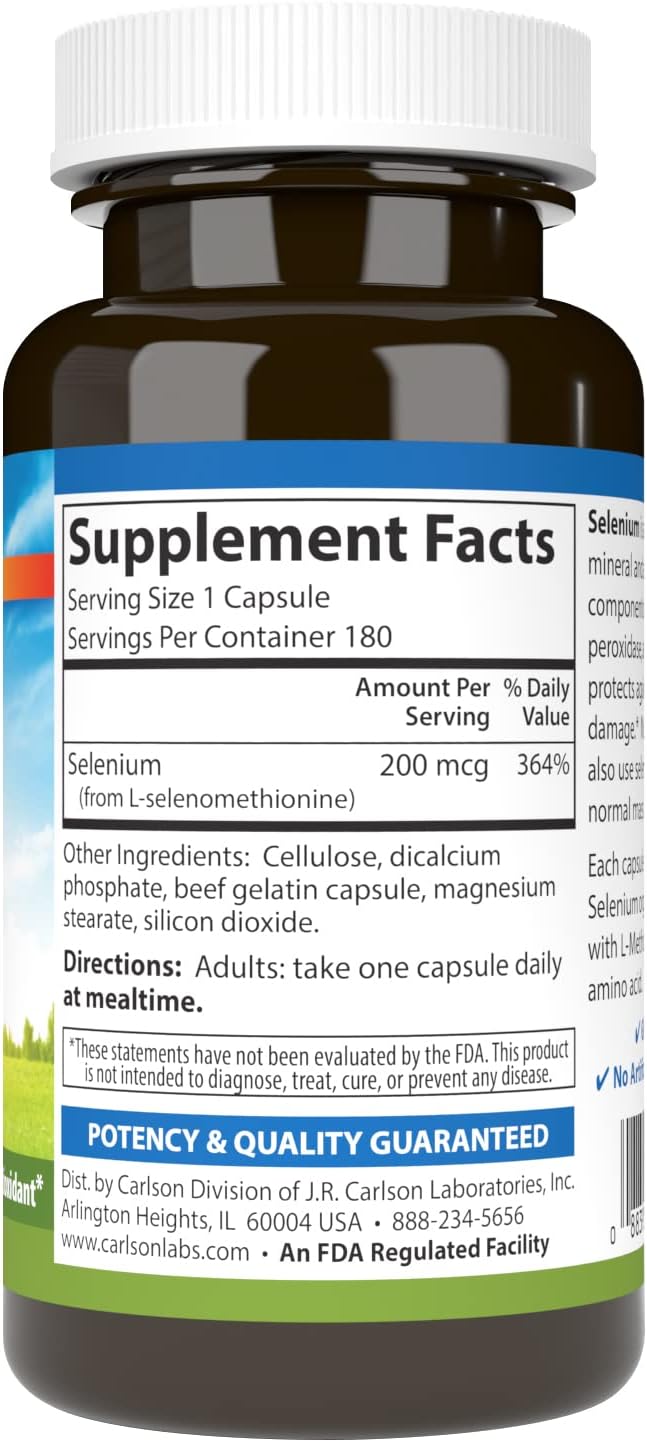 Carlson - Selenium, 200 mcg Yeast-Free, Prostate Health & Immune Support, Antioxidant, 180 capsules