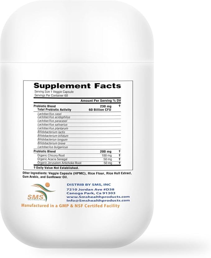 Probiotics 60 Billion CFU - 10 Strains + Organic Prebiotics - Immune, Digestive & Gut Health - Supports Occasional Constipation, Diarrhea, Gas & Bloating - for Women & Men - 60 ct