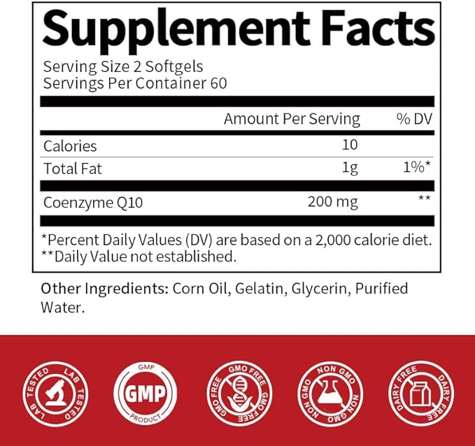 High Absorption CoQ10 200mg - Vegan, Gluten Free, Natural Supplement for Heart Health + Stamina Support + Brain Function - 120 Softgels, 60 Day Supply