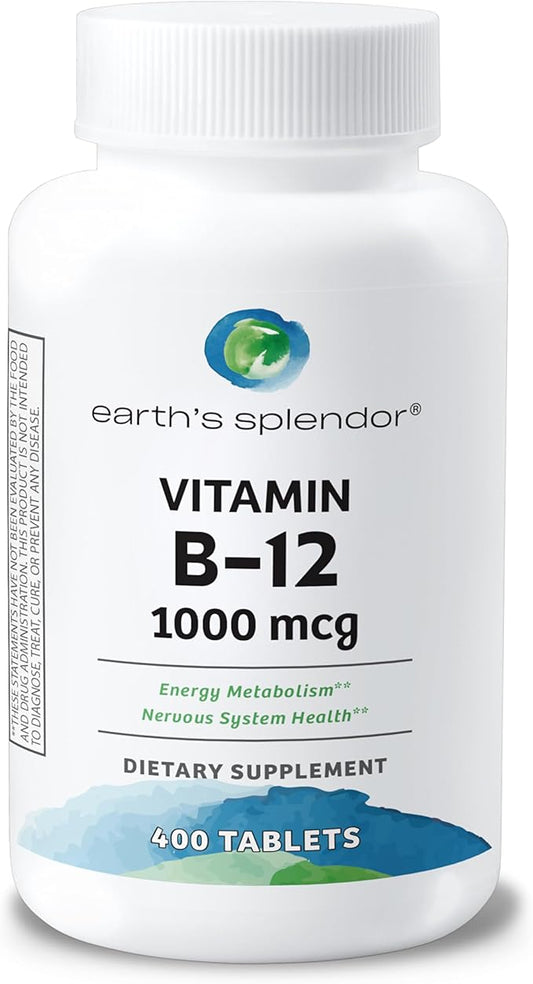 Earth's Splendor Energy Supplements, with Vitamin B12, Dietary Supplements, No Artificial Color or Flavor, Gluten Free, Energy Metabolism Support (1000mcg, 400 Tablets)