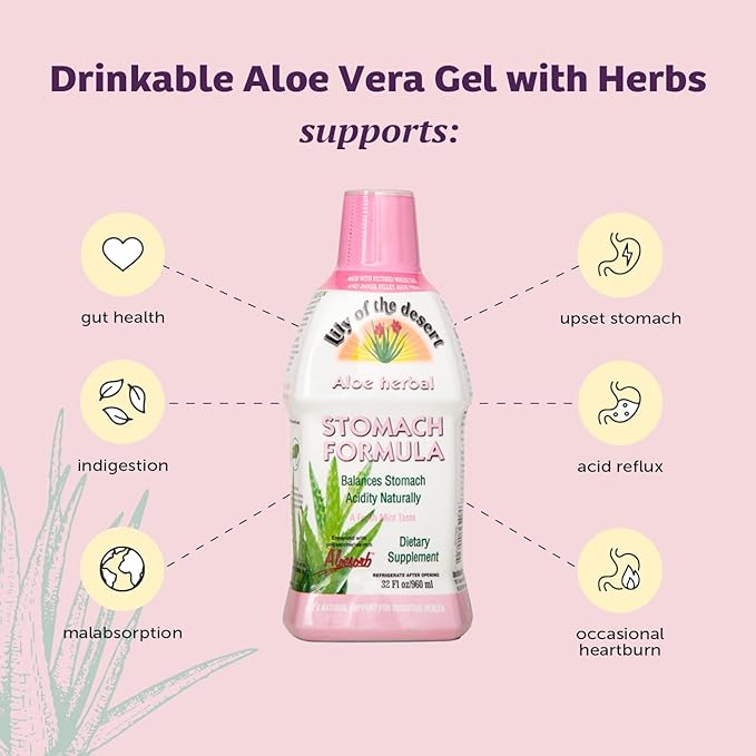 Lily Of The Desert Stomach Formula, Organic Aloe Vera Juice with Slippery Elm, Chamomile, Peppermint, and Ginger for Gut Health, Acid Reflux, Heartburn Relief, 32 Oz