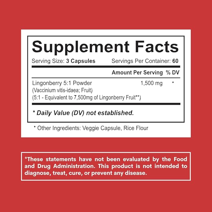 Lingonberry Powder 7500mg for Urinary Tract, Blood Circulation, Gut Health, Eye Health, Antioxidant Support - Pure 5:1 Ratio & 180 Veggie Capsules - Non-GMO, Gluten-Free, Vegan-Friendly Supplement