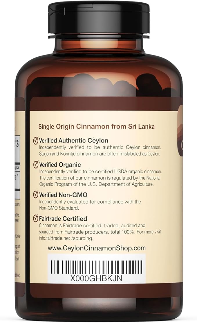 Organic Ceylon Cinnamon (100% Certified) Supplement, 180 Capsules, 3 Month Supply