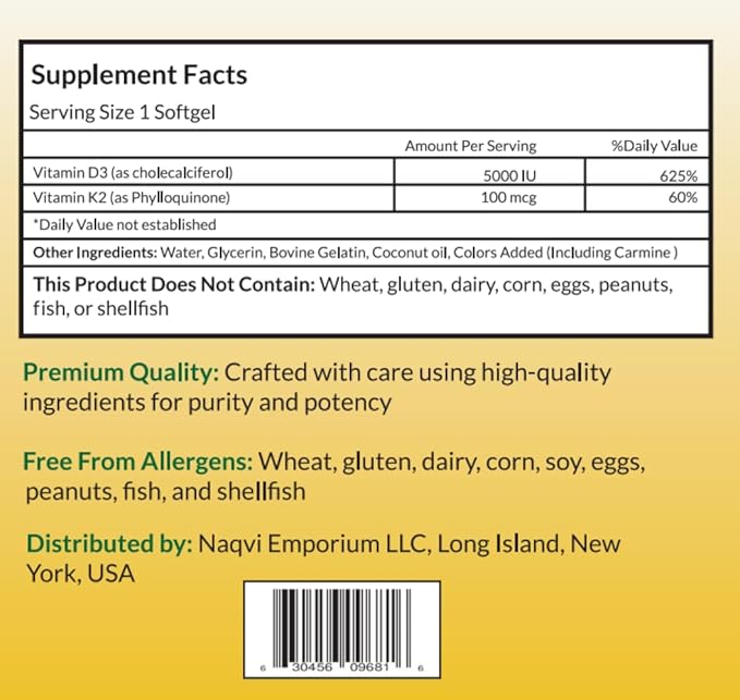 Vitamin D3 5000 IU with K2 100 mcg, 100 Soft-Gels for Healthy Muscle Function, 2 in 1 Support Immune, Optimal Calcium Absorption. Non-GMO, Gluten-Free, Soy-Free, Dairy-Free.