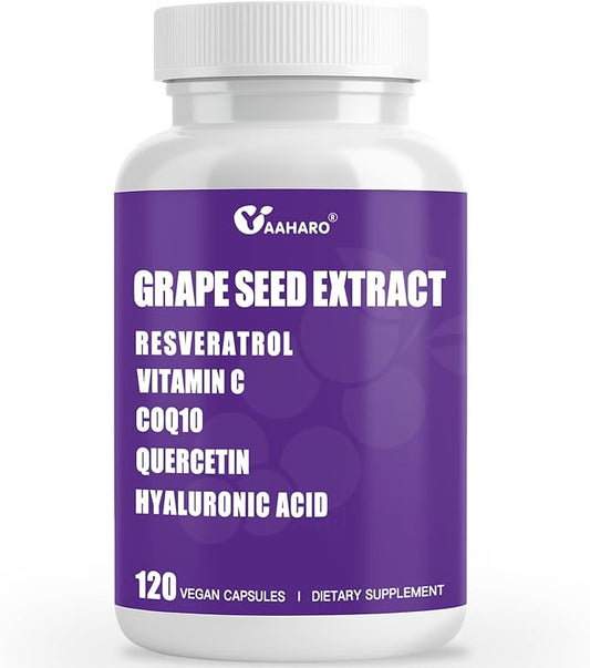 Grape Seed Extract Capsules - 400mg Grape Seed Extract Organic Supplements with Vitamin C, Resveratrol, Quercetin, CoQ10 & Hyaluronic Acid for Women & Men - 120 Capsules, 60 Days Supply