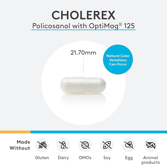 XYMOGEN CholeRex - Policosanol 10mg to Help Maintain Normal Blood Lipid Levels, Promote Healthy Blood Flow + Vessel Integrity - Enhanced with 2 Bioavailable Magnesium Chelates (60 Capsules)