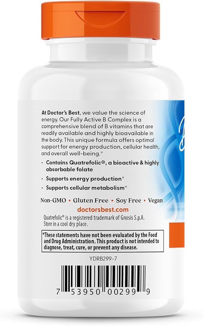 Doctors Best Fully Active B Complex, Energy & Cellular Support, Non-GMO, Gluten Free, Soy Free, Vegan 30 Veggie Caps