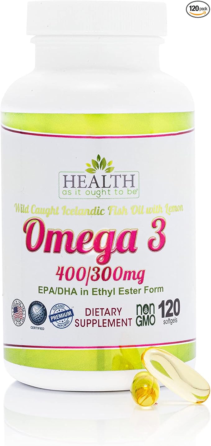 Health As It Ought To Be Omega 3 400/300 mg Supplement | Physician Formulated EPA/DHA in Ethyl Ester Form Wild Caught Icelandic Fish Oil with Lemon | 120 Capsules