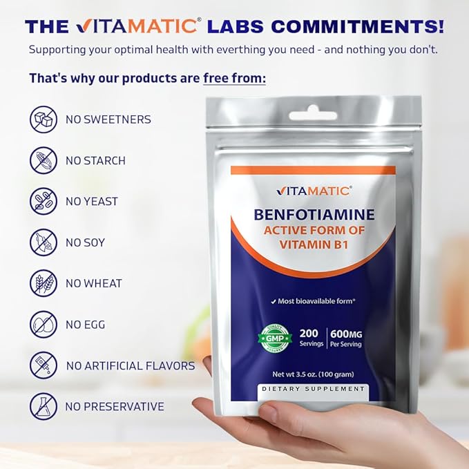 Vitamatic Benfotiamine Pure Powder 600 mg per Serving - 100 Grams - Also Called Fat Soluble Vitamin B1