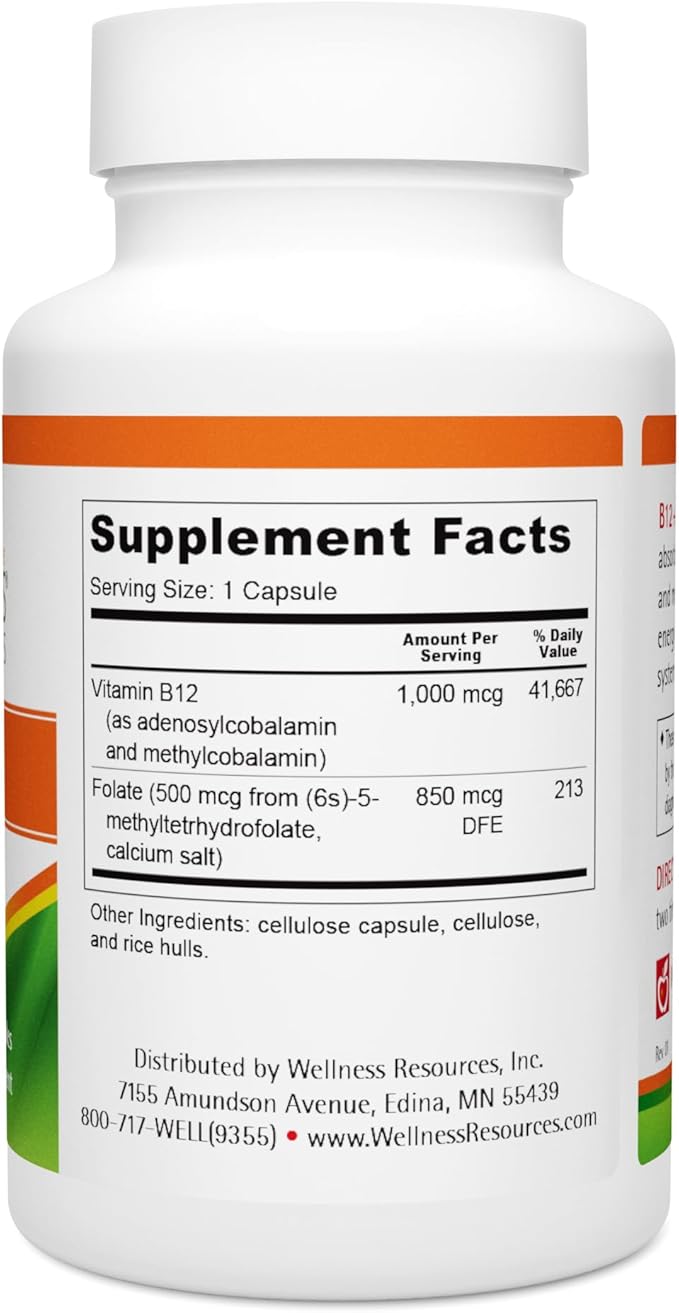 Wellness Resources B12 and Folate Supplement - Methyl B12 1000 & Methylated Folate for High Absorption, Gluten Free, Immune Support Supplement, B12 and Folate for MTHFR, 5-MTHF